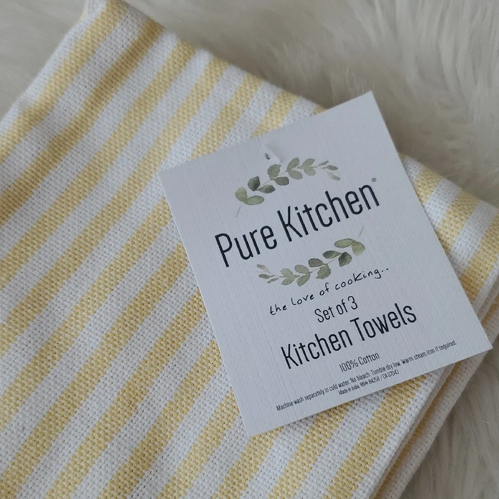 Nwt Pure Kitchen 100% Cotton Yellow Striped Kitchen Towels